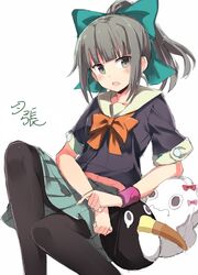  1girl 501092-taka aqua_skirt bangs black_legwear blouse blunt_bangs bow bowtie failure_penguin green_bow grey_eyes grey_hair hair_bow kantai_collection looking_at_viewer neckerchief orange_bow pantyhose pleated_skirt ponytail sailor_collar school_uniform serafuku simple_background sitting skirt solo white_background wristband yuubari_(kantai_collection) 