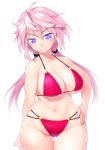  1girl bare_shoulders bikini blush breasts cowboy_shot curvy hair_tie hand_on_hip large_breasts looking_at_viewer messy_hair navel onsoku_maru original pink_hair red_bikini simple_background smile solo standing swimsuit thigh_gap tsurime twintails violet_eyes white_background 