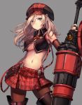  1girl alisa_ilinichina_amiella black_gloves black_legwear blonde_hair blue_eyes boots breasts cabbie_hat cowboy_shot elbow_gloves fingerless_gloves gloves god_eater god_eater_burst hat highres huge_weapon long_hair looking_at_viewer midriff momoko_(momopoco) navel pantyhose plaid plaid_skirt skirt solo suspenders thigh_boots thighhighs underboob weapon 