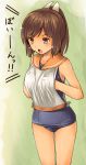  1girl :o aaru_(tenrake_chaya) blush brown_eyes brown_hair cowboy_shot flat_chest hands_on_own_chest highres i-401_(kantai_collection) kantai_collection open_mouth ponytail sailor_collar school_swimsuit short_hair solo sparkle swimsuit swimsuit_under_clothes 