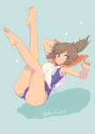  1girl barefoot blush brown_eyes brown_hair dark_skin i-401_(kantai_collection) kamoto_tatsuya kantai_collection legs_up looking_at_viewer one-piece_swimsuit ponytail sailor_collar school_swimsuit school_uniform short_hair short_ponytail simple_background solo swimsuit 