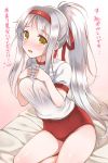  1girl bare_shoulders blush breasts breath buruma covering covering_breasts gym_uniform hairband kantai_collection large_breasts long_hair looking_at_viewer open_mouth ren_san shoukaku_(kantai_collection) silver_hair solo translation_request 