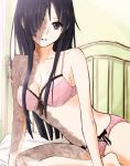  1girl artist_request bed black_hair bow bow_bra bow_panties bra hair_over_one_eye highres ikezawa_hanako jpeg_artifacts katawa_shoujo lingerie navel off_shoulder on_bed panties parted_lips pink_bra pink_panties scar sitting solo strap_slip underwear underwear_only violet_eyes 