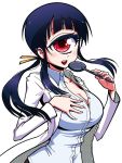  1girl black_hair breasts cleavage cyclops hand_on_own_chest hitomi_(hitomi_sensei_no_hokenshitsu) hitomi_sensei_no_hokenshitsu labcoat long_hair long_sleeves looking_at_viewer official_art one-eyed payot ponytail red_eyes school_nurse shake-o simple_background solo white_background 