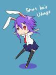  1girl alternate_hair_length alternate_hairstyle animal_ears black_legwear blue_background deformed hair_ornament hairpin ishimu necktie purple_hair rabbit_ears red_eyes reisen_udongein_inaba short_hair solo touhou 