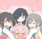  &gt;_&lt; 4girls :d =_= ahoge black_hair blush blush_stickers bowtie fang glasses grey_hair hair_over_one_eye hair_ribbon hayashimo_(kantai_collection) kamoto_tatsuya kantai_collection kiyoshimo_(kantai_collection) long_hair long_sleeves makigumo_(kantai_collection) multiple_girls naganami_(kantai_collection) open_mouth petting pink_hair ribbon school_uniform sleeves_past_wrists smile twintails 