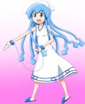  &gt;:d 1girl :d blue_eyes blue_hair blush bracelet controller dress game_controller hat highres ikamusume jewelry k.u.n.e. open_mouth playing_games shinryaku!_ikamusume slippers smile solo squid_hat sundress tentacle_hair wii_remote 