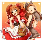  2girls animal_ears apple basket big_bad_wolf_(grimm) brown_hair claws covering_mouth food fruit green_eyes hair_ribbon hairband idolmaster little_red_riding_hood little_red_riding_hood_(grimm) looking_at_viewer minase_iori multiple_girls open_mouth orange_hair restaint ribbon smile takatsuki_yayoi thighhighs twintails violet_eyes wink wolf_ears wolf_paws 