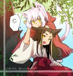  anger_vein animal_ears brown_hair japanese_clothes miko mono_(nekogoya) open_mouth original short_hair smile spoken_anger_vein tail yellow_eyes 