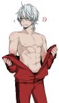  1boy ? abs blue_eyes dante_(devil_may_cry) devil_may_cry dishing muscle navel pectorals silver_hair solo track_suit undressing 