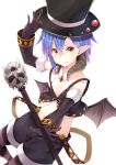 1girl bat_wings blue_hair breasts cleavage detached_sleeves fang hand_on_headwear hat highres hiiragi_yashiro holding looking_at_viewer midriff original pointy_ears shorts skull smile solo staff top_hat wings yellow_eyes 