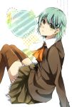  11maron09 alternate_hair_length alternate_hairstyle green_hair hair_ornament hairclip kantai_collection short_hair sitting skirt suzuya_(kantai_collection) thigh-highs uniform 