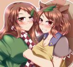  2girls animal_ears blush brown_eyes brown_hair dual_persona futatsuiwa_mamizou futatsuiwa_mamizou_(human) glasses ikue_fuuji leaf leaf_on_head long_hair multiple_girls raccoon_ears raccoon_tail red_eyes scarf tail touhou 