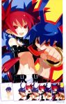  1boy 1girl antenna_hair blue_hair blush bracelet clenched_hand disgaea earrings elbow_gloves etna gloves grin harada_takehito highres jewelry laharl makai_senki_disgaea multicolored_background official_art pointy_ears red_eyes redhead shirtless short_hair slit_pupils smile spiky_hair twintails 