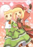  2girls :d antiphona_no_seikahime arm_up blonde_hair bowtie brown_eyes clara_dorfer coat creature dress finger_to_mouth gloves green_dress kairi_(oro-n) miabell_dorfer multiple_girls open_mouth pink_background rento_(antiphona) shawl short_hair siblings sisters smile star 