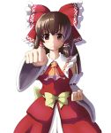  1girl ascot blush bow brown_hair detached_sleeves hair_bow hair_tubes hakurei_reimu long_hair looking_at_viewer majin_(marcia) perspective red_eyes simple_background solo touhou white_background wide_sleeves 