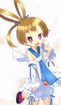  1girl \m/ antenna_hair bloomers blush bright_pupils brown_hair detached_sleeves disgaea disgaea_d2 frills necktie no_nose red_eyes sakura_ani sandals short_hair sicily_(disgaea) smile solo standing_on_one_leg underwear wings 