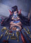  1girl artist_name axe banchou blue_skirt bob_cut brown_hair can chopsticks crossed_arms food giraffe_(artist) hat highres indian_style jacket_on_shoulders kill_la_kill looking_at_viewer mankanshoku_mako morning_star nunchaku rice_bowl school_uniform serafuku short_hair sitting skirt solo tagme weapon wrench 