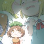  3girls alice_margatroid animal_ears blonde_hair blush brown_eyes brown_hair capelet cat_ears chen chicken_(food) eating fang food hat incipient_kiss mizuhashi_parsee multiple_girls nartanz open_mouth scarf short_hair touhou yuri 
