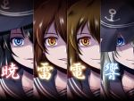  4girls akatsuki_(kantai_collection) black_hair blue_eyes brown_eyes brown_hair bust character_name hat hat_over_eyes hibiki_(kantai_collection) ikazuchi_(kantai_collection) inazuma_(kantai_collection) kantai_collection long_hair looking_at_viewer multiple_girls nishi_koutarou open_mouth school_uniform serafuku short_hair silver_hair smile 