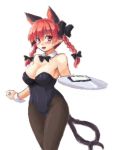  1girl :d alternate_costume animal_ears bare_shoulders blush braid breasts cat_ears cleavage detached_collar extra_ears fishnet_pantyhose fishnets gomi_(gomitin) kaenbyou_rin kittysuit large_breasts looking_at_viewer multiple_tails open_mouth pantyhose pointy_ears red_eyes redhead smile solo tail toned touhou tray twin_braids two_tails wrist_cuffs 