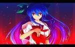  1girl blue_hair bow bowtie bust dress food food_themed_clothes fruit hair_between_eyes hand_up hat hat_ribbon highres hinanawi_tenshi letterboxed long_hair looking_at_viewer nekominase peach puffy_short_sleeves puffy_sleeves red_eyes ribbon shirt short_sleeves solo touhou very_long_hair white_shirt 