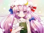  1girl :&lt; alternate_costume arm_strap bare_arms book bust crescent dress fuu_(07199382) hair_ribbon long_hair looking_at_viewer mob_cap patchouli_knowledge purple_hair ribbon sleeveless sleeveless_dress solo star touhou tress_ribbon very_long_hair violet_eyes white_dress 