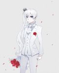  1girl blue_eyes flower formal kuma_(bloodycolor) long_hair petals ponytail red_rose rose rwby solo suit weiss_schnee white_hair 