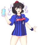  1girl :d ;d alternate_costume breasts brown_hair drink gomi_(gomitin) hat looking_at_viewer open_mouth panties pixel_art pom_pom_(clothes) racing_stripes red_eyes shameimaru_aya shirt short_hair smile solo thighs tokin_hat touhou underwear white_panties wink wristband 