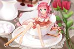  1girl 2014 artist_name barefoot blue_hair cake cup dated feet flower food food_as_clothes food_themed_clothes highres kyuri_(405966795) legs long_hair original partially_submerged pink_hair rose solo sugar tea teacup 