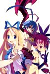  1boy 2girls antenna_hair belt black_gloves blonde_hair blue_eyes blue_hair bow bracelet crossed_arms disgaea earrings etna flonne gloves grin hair_bow harada_takehito highres jewelry laharl makai_senki_disgaea multiple_girls official_art pointy_ears red_eyes redhead scarf shirtless short_hair shorts slit_pupils smile spiky_hair twintails white_background 