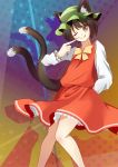  1girl :p animal_ears bow bowtie brown_hair cat cat_ears cat_tail chen dress fingernails hand_to_own_mouth hat long_sleeves looking_at_viewer mob_cap multiple_tails one_eye_closed red_fingernails sharp_fingernails slit_pupils tail tongue tongue_out touhou vivicat 