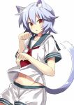  1girl 501092-taka animal_ears aqua_hair blush brown_eyes cat_ears cat_tail clenched_hands fang kantai_collection kemonomimi_mode looking_at_viewer midriff navel neckerchief paw_pose sailor_collar school_uniform serafuku short_hair shorts simple_background solo tail tama_(kantai_collection) white_background 