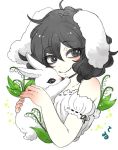  1girl animal_ears bare_shoulders black_eyes black_hair blush body_blush bust detached_sleeves flower inaba_tewi lily_of_the_valley looking_at_viewer mashuu_masaki rabbit short_hair simple_background smile solo touhou white_background 