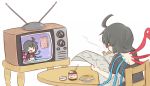  1girl :d ahoge asymmetrical_wings bespectacled black-framed_glasses black_hair bread chair food glasses houjuu_nue long_hair lowres news newspaper nutella open_mouth pipe plate pun reading sitting smile smoke solo table television touhou wings wool_(miwol) |_| 