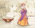  1girl 2010 artist_request atelier_(series) atelier_judie blue_eyes brown_hair character_name copyright_name dated dress jewelry necklace official_art rastel_biheusen shawl short_hair short_twintails smile solo standing steepled_fingers twintails wallpaper yellow_dress zoom_layer 