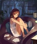  1girl absurdres bare_arms bare_legs bare_shoulders barefoot book brown_eyes brown_hair chair forest gensou_kuro_usagi headphones headphones_around_neck highres leg_hug looking_at_viewer love_live!_school_idol_project nature night nightgown nishikino_maki paper pillow solo table tree window 