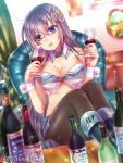 1girl alcohol angelmaster blurry breasts champagne cleavage depth_of_field glass hair_ornament holding long_hair looking_at_viewer midriff neme official_art open_mouth original silver_hair solo violet_eyes 