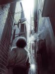  1boy alley from_behind monochrome shibazaki_kenjirou smoke solo zankyou_no_terror 