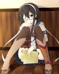  1girl between_legs black_hair blue_eyes boots brown_legwear check_commentary clipboard commentary_request covering covering_crotch fuuen_(akagaminanoka) glasses hairband hand_between_legs highres kantai_collection knees_together_feet_apart long_hair ooyodo_(kantai_collection) ribbon school_uniform serafuku shirt sitting skirt smile solo thigh_boots thighhighs tongue tongue_out upskirt wink 