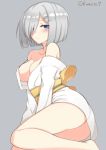  1girl alternate_costume ass blue_eyes blush breasts cleavage hair_ornament hair_over_one_eye hairclip hamakaze_(kantai_collection) japanese_clothes kamoto_tatsuya kantai_collection kimono large_breasts looking_at_viewer off_shoulder short_hair short_kimono silver_hair simple_background solo 