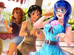  3girls artist_request beli_lapran black_hair blue-framed_glasses blue_eyes blue_hair blush braid breasts brown_hair casual dark_skin dojikko dress fang glasses hunie_pop ice_cream_cone large_breasts lola_rembrite long_hair miniskirt multiple_girls nikki_ann-marie off-shoulder_shirt official_art open_mouth quad_drills red_eyes see-through semi-rimless_glasses short_hair skirt sleeveless sweatdrop twin_braids under-rim_glasses watermark wavy_mouth 