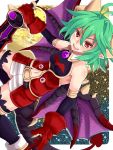  1girl bare_shoulders demon_tail green_hair looking_at_viewer navel open_mouth pointy_ears red_eyes rukia_moon shinrabanshou short_hair solo sword tail weapon wings yude 