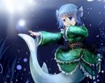  1girl algae blue_eyes blue_hair frilled_kimono frills head_fins japanese_clothes kimono kotou_(ko-tou) mermaid monster_girl short_hair touhou underwater wakasagihime 
