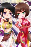  2girls anger_vein anna_williams bangs bare_shoulders black_hair blue_eyes blush bob_cut bracelet breasts bridal_gauntlets brown_eyes brown_hair chibi china_dress chinese_clothes cleavage cleavage_cutout detached_collar earrings elbow_gloves eyeliner floral_print gloves hand_on_hip hoop_earrings jewelry kiraki large_breasts makeup midriff multiple_girls pantyhose print_legwear sarong side_ponytail side_slit swept_bangs tekken tekken_tag_tournament_2 zafina_(tekken) 