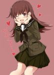  1girl 501092-taka blush brown_background brown_eyes brown_hair green_skirt hands_on_own_cheeks hands_on_own_face heart heart-shaped_pupils kantai_collection knees_together long_sleeves looking_at_viewer neckerchief one_eye_closed ooi_(kantai_collection) pleated_skirt sailor_collar school_uniform serafuku simple_background skirt solo symbol-shaped_pupils translation_request 