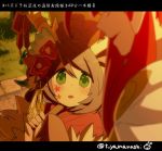  1boy 1girl ahoge antlers bell blurry blush brown_hair depth_of_field facial_mark flower fur_trim grass green_eyes hair_flower hair_ornament hair_up holding horn_ornament horn_ribbon horns japanese_clothes jingle_bell kano_(p&amp;d) kimono long_hair looking_at_another looking_up open_mouth oriental_umbrella outdoors puzzle_&amp;_dragons red_eyes redhead ribbon short_hair takeminakata_(p&amp;d) translation_request twitter_username umbrella yamanashi_taiki 