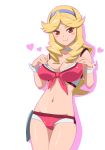  1girl blonde_hair blush_stickers boobies_uniform breasts caryo choker cleavage front-tie_top hairband honey_(space_dandy) long_hair looking_at_viewer midriff nanashino navel red_eyes shadow short_shorts shorts simple_background smile solo space_dandy white_background wrist_cuffs 