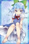  1girl artist_name barefoot bloomers blue_eyes blue_hair blush bow cirno detached_wings hair_bow ice ice_wings ochazuke short_hair sitting smile solo touhou underwear wings 