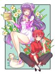  2girls ;d apron bell bird braid chinese_clothes double_bun duck flower food hair_bell hair_ornament index_finger_raised indian_style mousse multiple_girls nikuman one_eye_closed open_mouth purple_hair ranma-chan ranma_1/2 red_eyes redhead saotome_ranma shampoo_(ranma_1/2) single_braid sitting smile violet_eyes zonana 